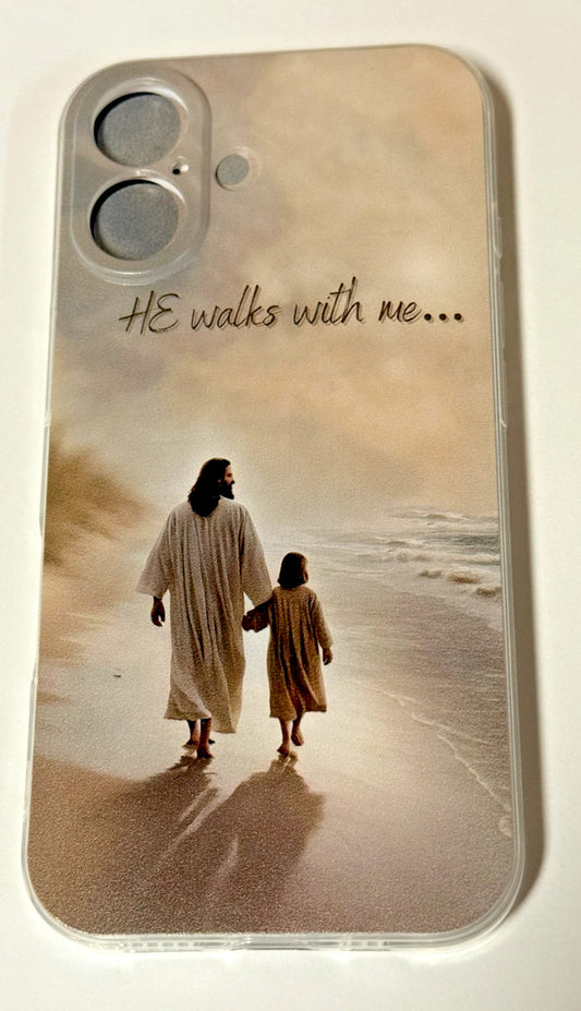 "He walks with me" Clear Cell Phone Case for IPhone 16, New #Gftshp-123 - Journeys of Faith