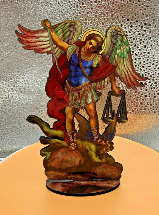Saint Michael The Archangel 6" Laser Image on Thin Wood Statue, New #AB-033 - Journeys of Faith