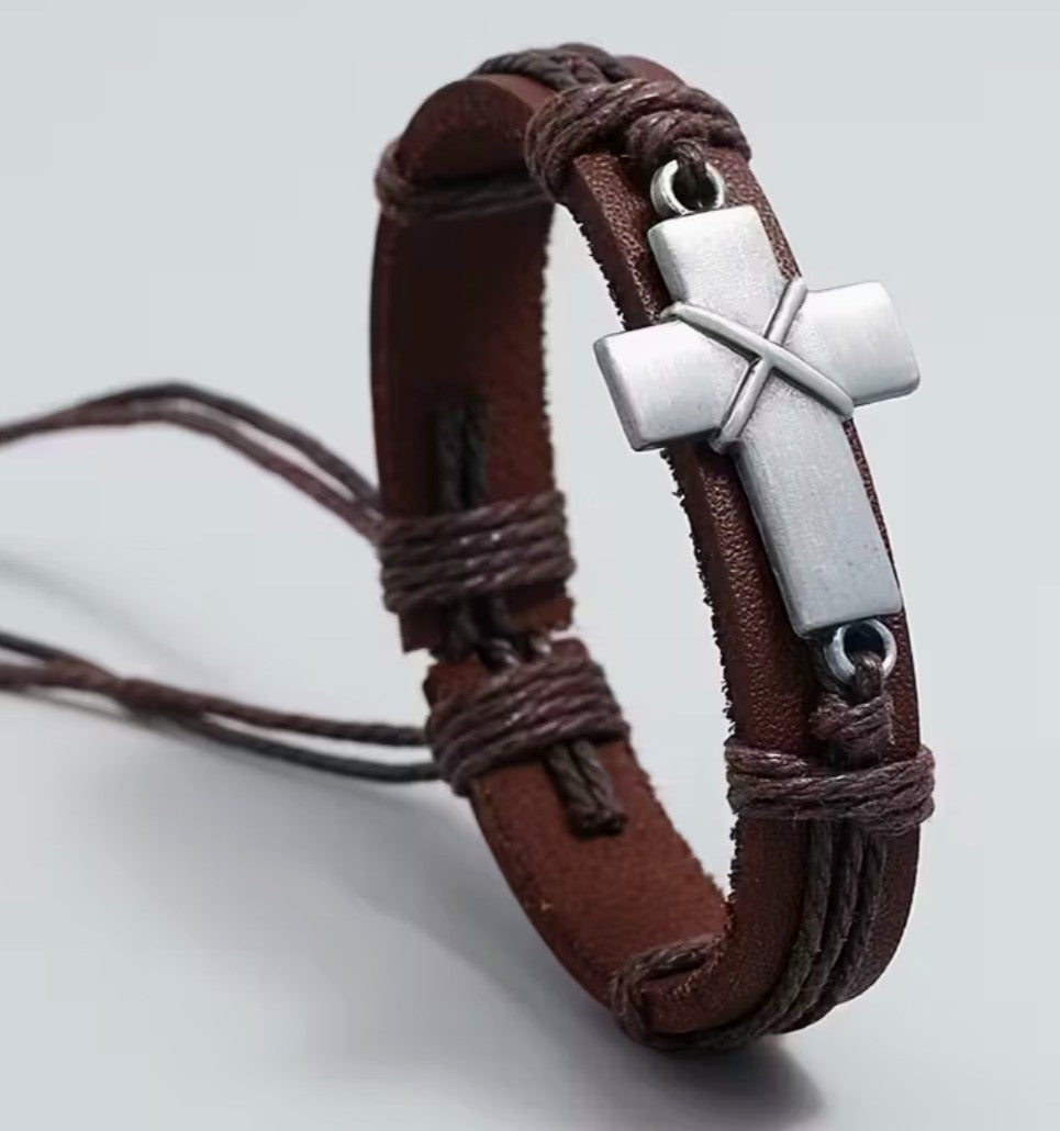 Cowhide Braided Cross Men's Brown Bracelet, New #Gftshp -218