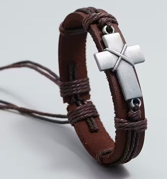 Cowhide Braided Cross Men's Brown Bracelet, New #Gftshp -218