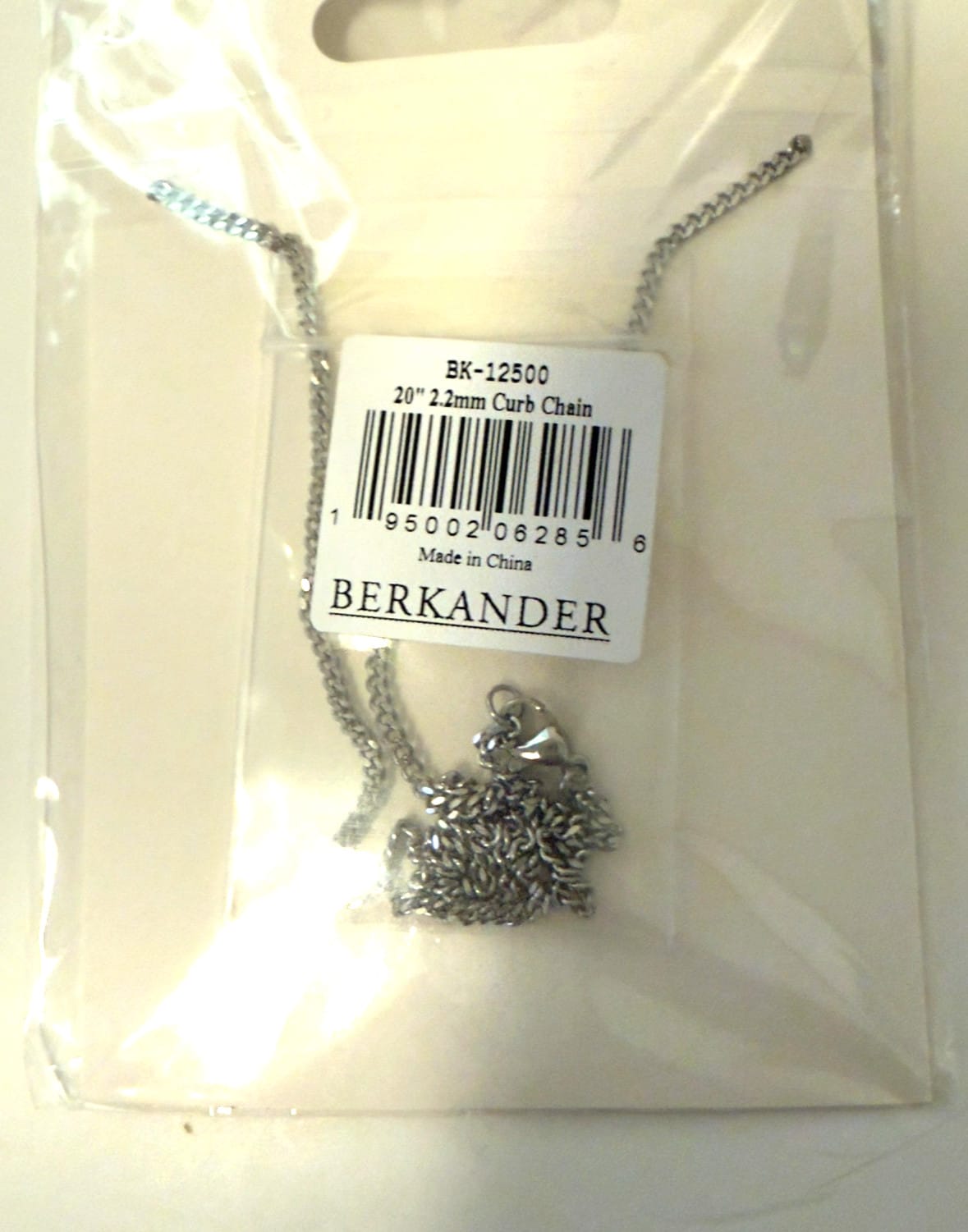 Stainless steel curb chain necklace, 20 inches, by Berkander, showcasing a polished, durable jewelry piece for fashion accessories.