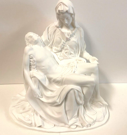 White Pieta statue by Bob and Penny Lord, 8-inch Christian religious figurine depicting Mary holding Jesus in a serene pose.