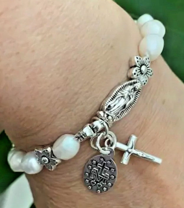 White Faux Pearl Charm Bracelet, with O.L.of the Miraculous, New #AB-387-R2