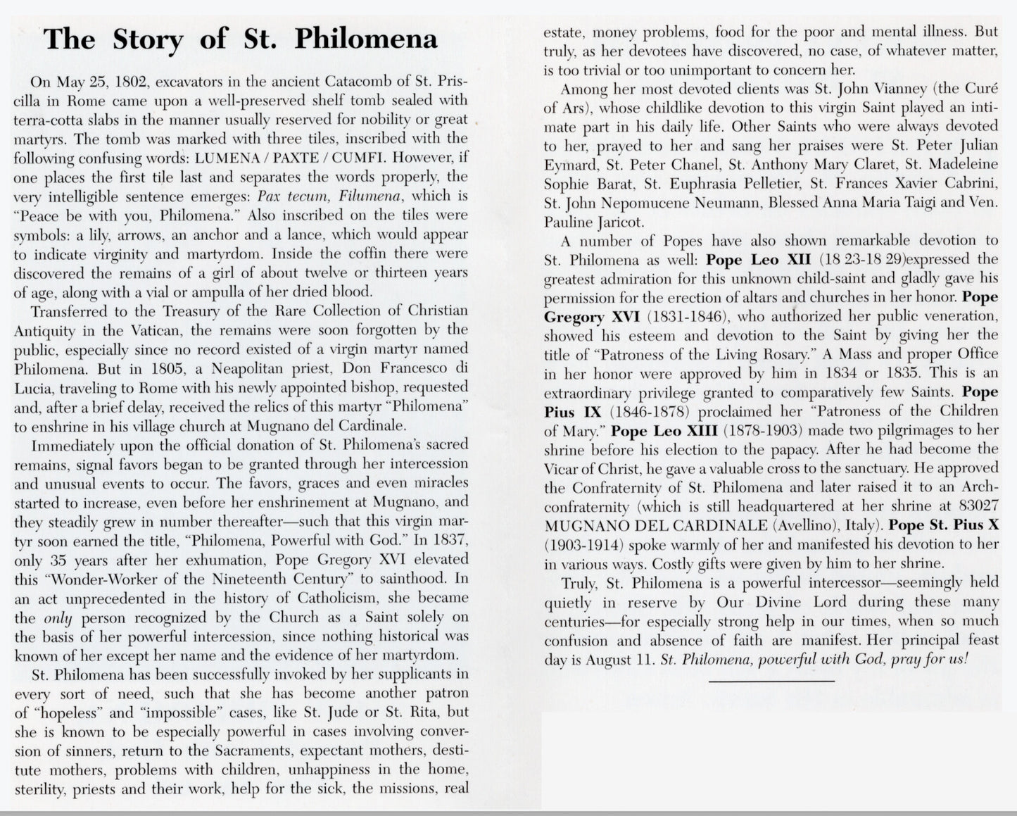 Saint Philomena Novena Prayer Card