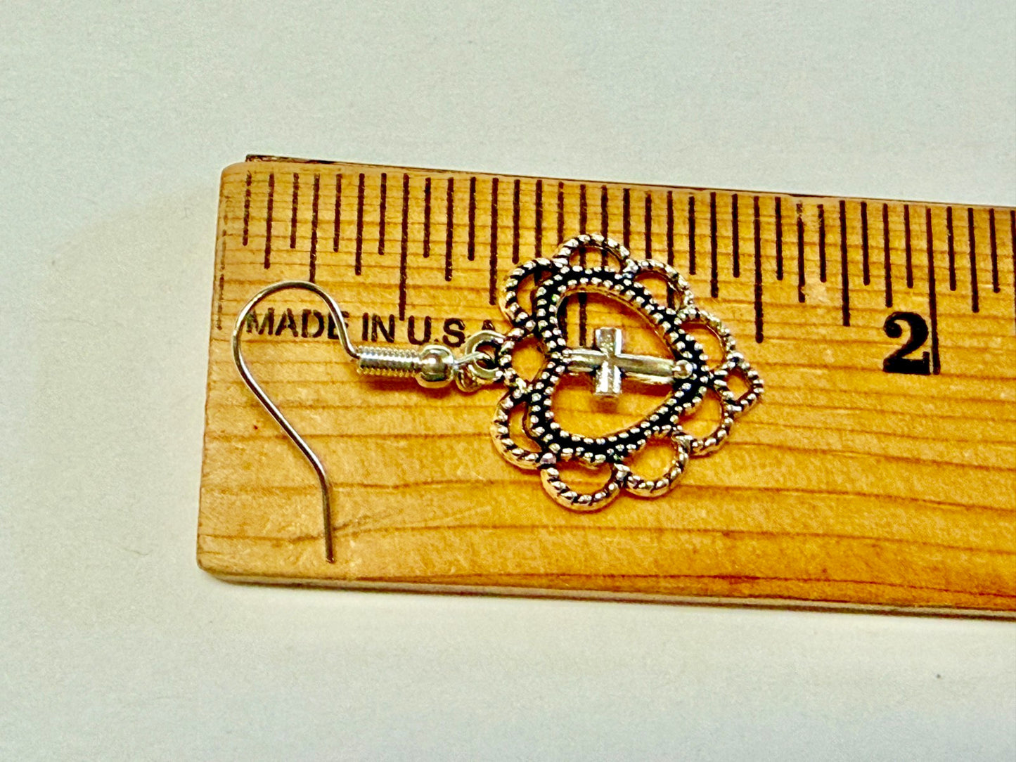Heart with inlay Cross  Earrings, 1.5"  New #Gftshp-211