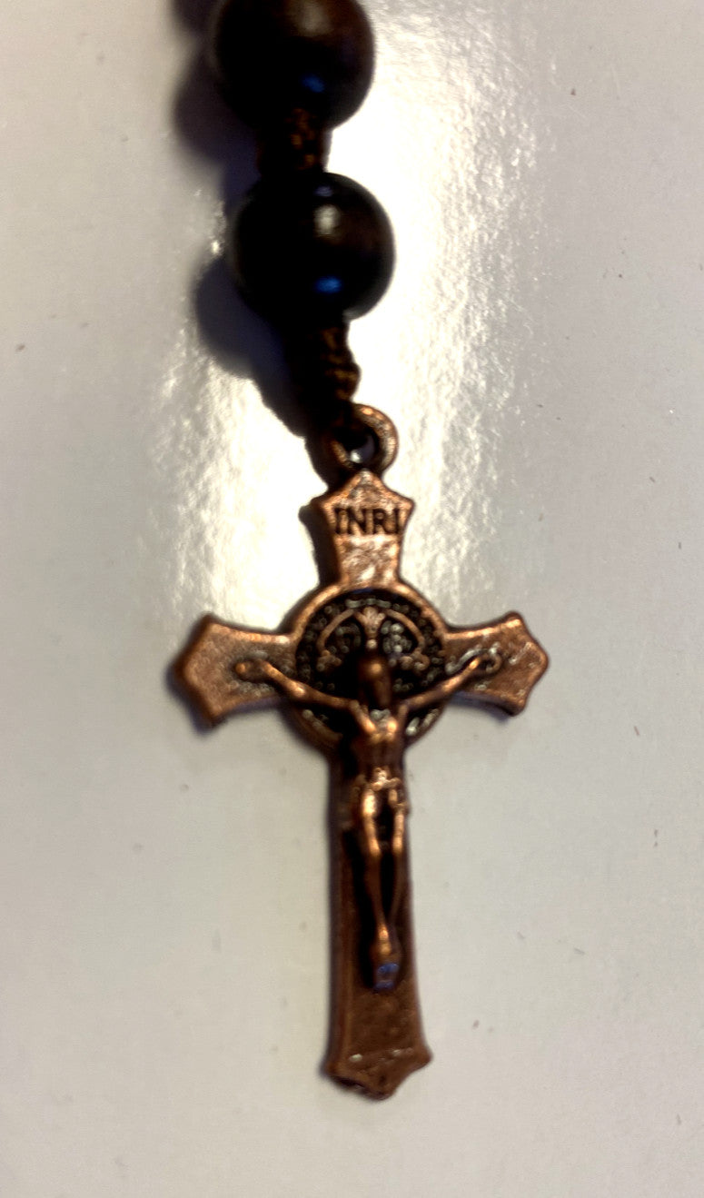 Wood rosary box featuring St. Michael the Archangel with a rosary inside, crafted for Christian religious collectibles.