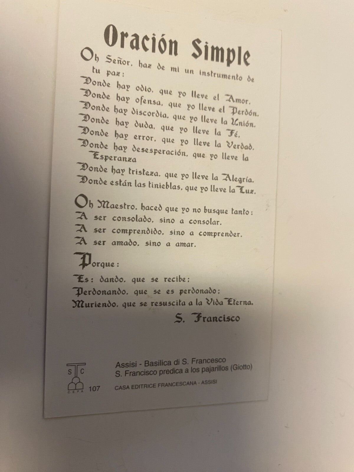 San Francisco de Assisi Holy Card with prayer, from Journeys of Faith, featuring religious imagery and simple prayer text.