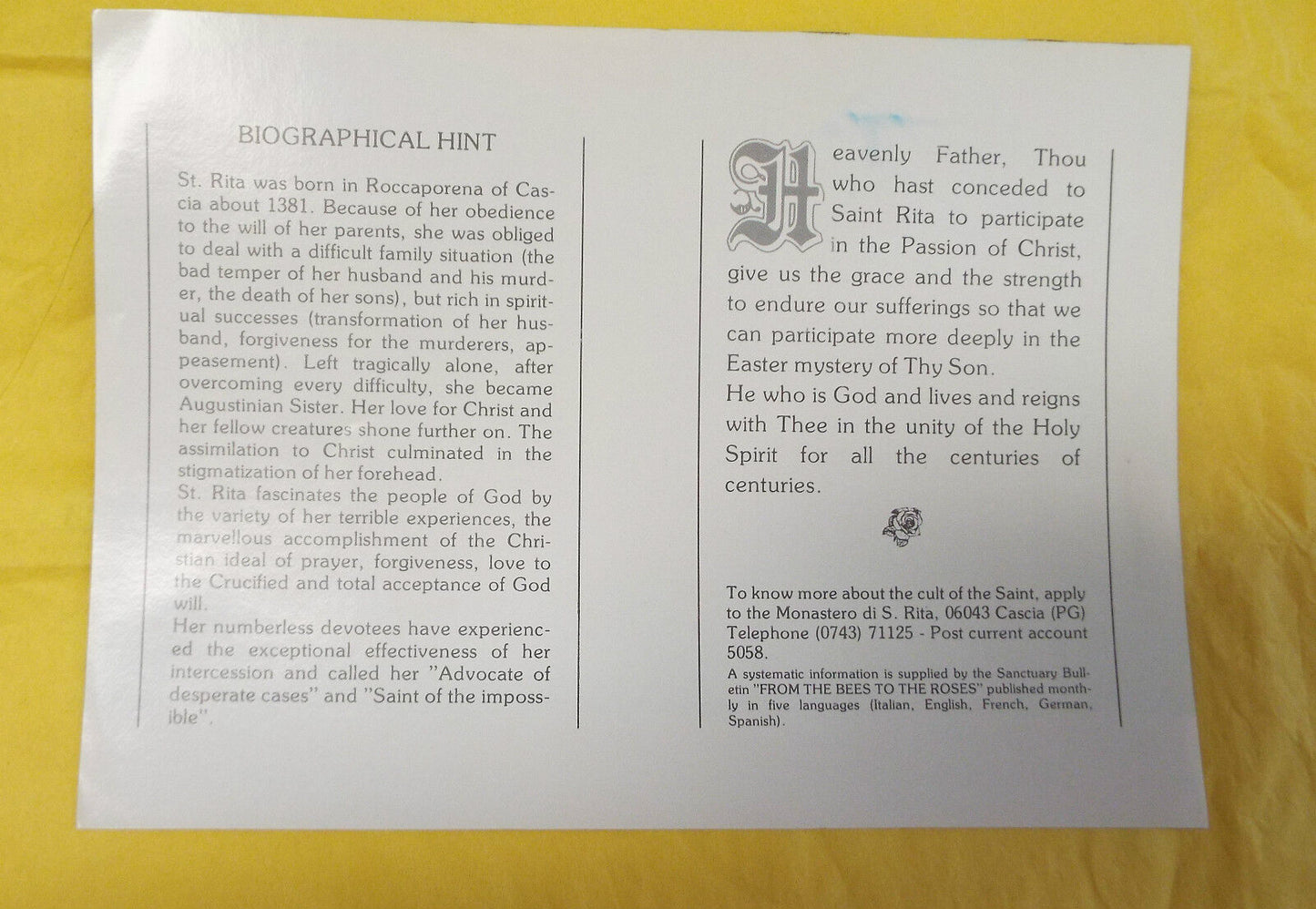 St. Rita of Cascia Biography + Prayer Card, New from Italy - Bob and Penny Lord