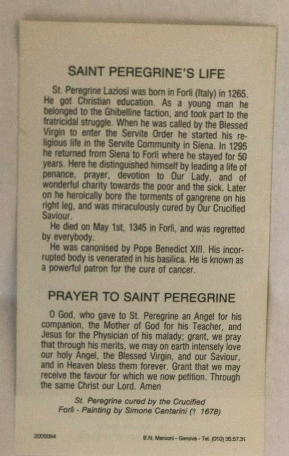 Saint Peregrine Laziosi  (The Cancer Saint)  Prayer Card, From Italy New 2