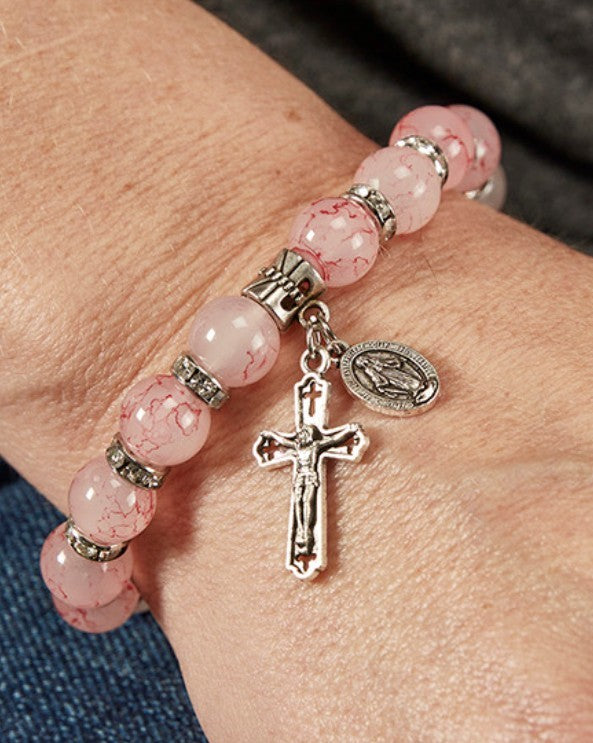 O L of the Miraculous  Medal Pink Marbled Glass Bracelet, New #Gftshp-149 - Journeys of Faith