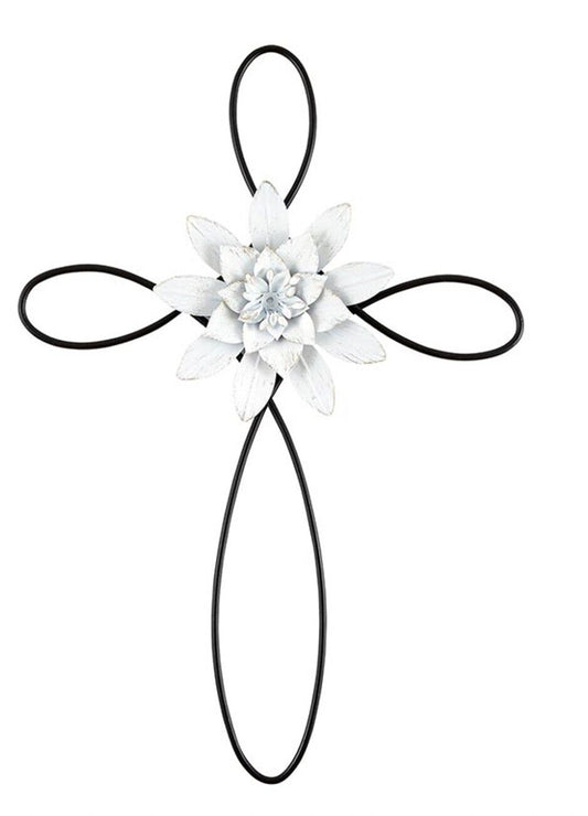 Iron Decorative with White Metal Flower in the Center Wall Cross, New #AB-214 - Bob and Penny Lord