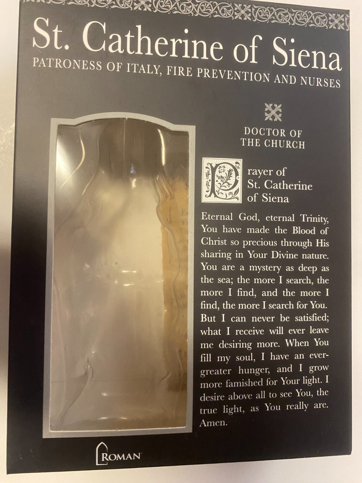 Small 3.75-inch Saint Catherine of Siena statue with prayer card, depicting her in traditional attire, from Bob and Penny Lord.