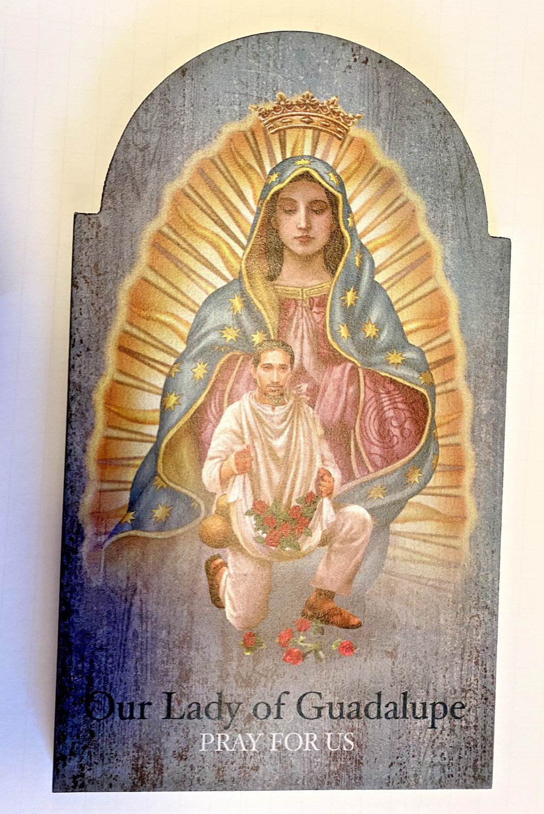 12-inch Our Lady of Guadalupe with Juan Diego wood plaque, Christian religious collectible with detailed religious imagery.