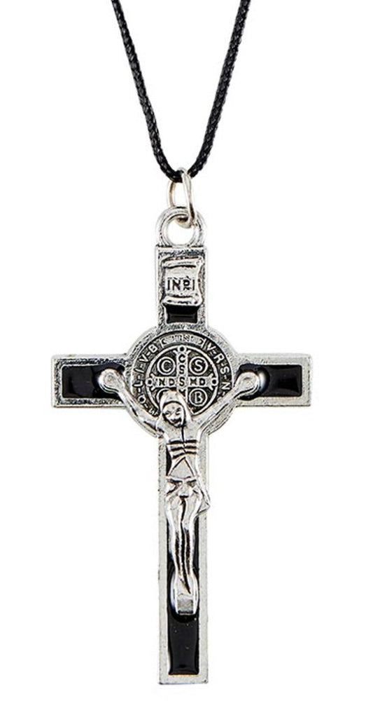 Saint Benedict Black & Silver Crucifix on Cord Necklace, New #AB-292-R2 - Journeys of Faith