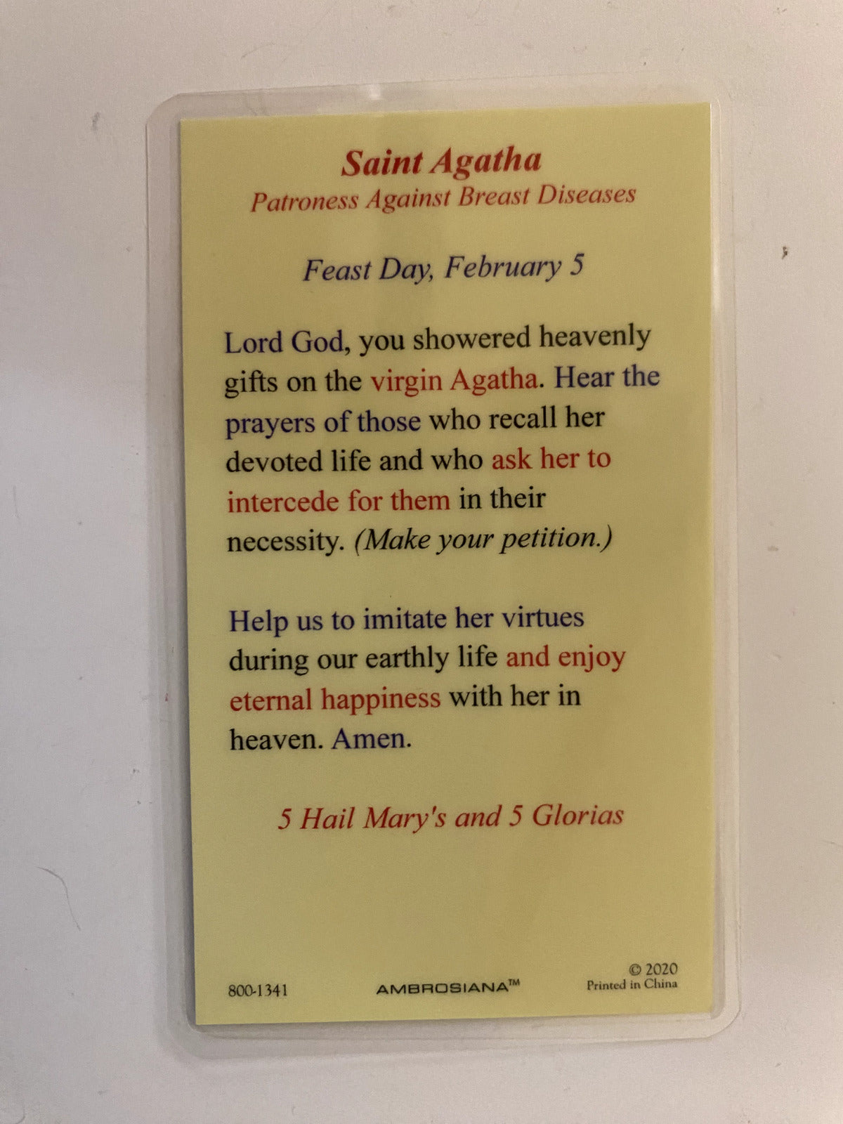 Saint Agatha  (Patron Saint Against Breast Diseases), Laminated Prayer Card, New