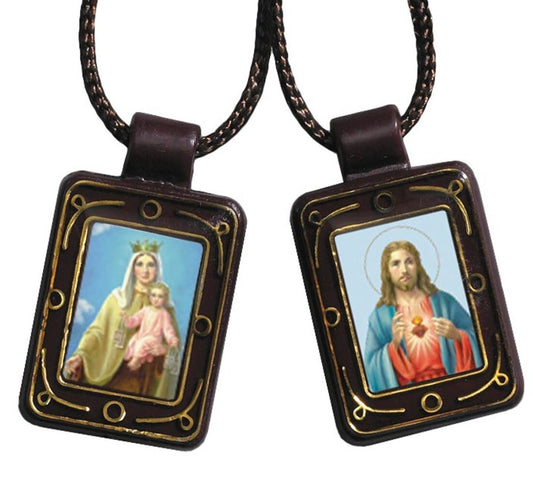 Brown Our Lady of Mount Carmel and Sacred Heart scapular collectible by Bob and Penny Lord, featuring religious imagery and details.