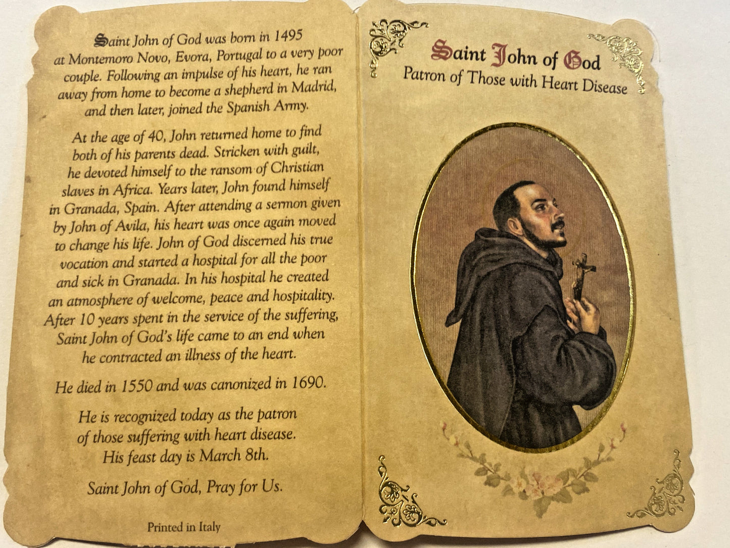 St John of God (Patron St for Heart Disease) Prayer Card + Medal, New #PCM-017