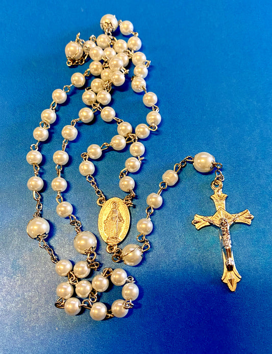 White Mother of Pearl Faux Rosary, New #AB-94 - Journeys of Faith
