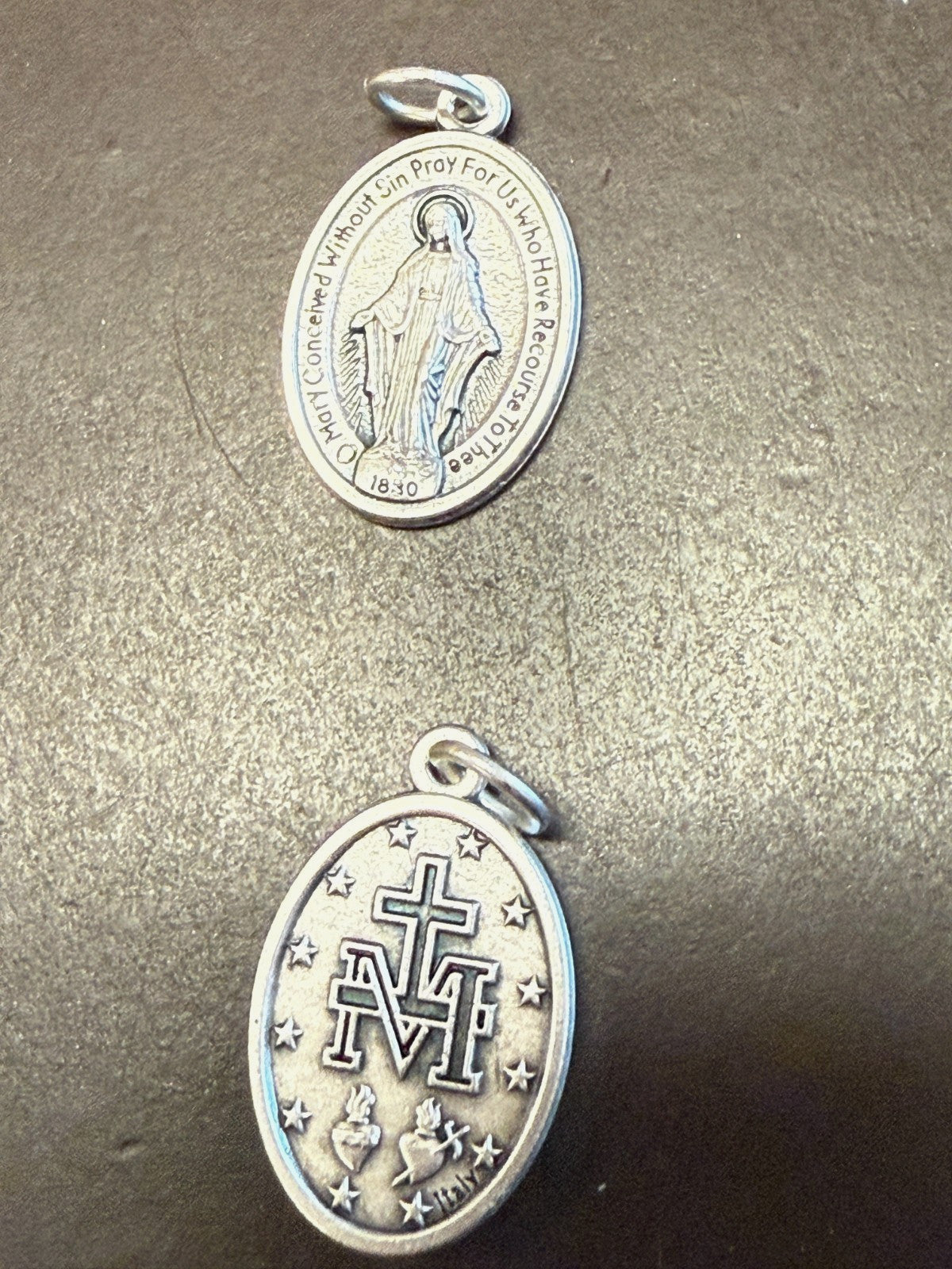 Silver tone Our Lady of the Miraculous medal, 1-inch Catholic religious medal from Italy, featuring religious imagery and detailed design.