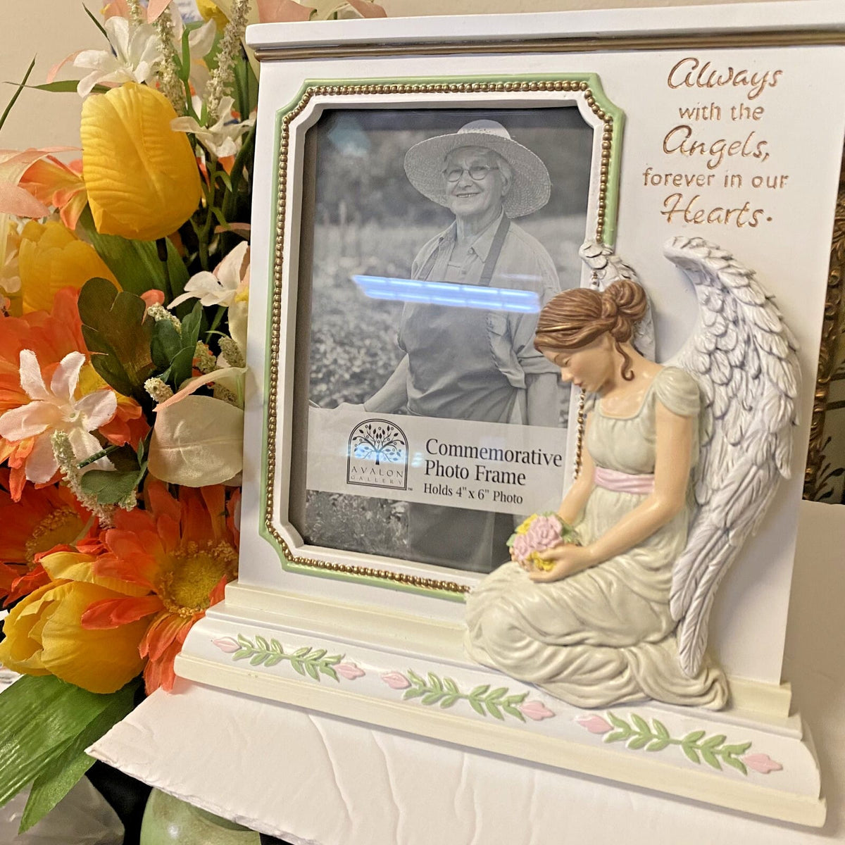 4x6 memorial photo with angel in an 8.5-inch frame, Avalon Gallery home décor, showcasing a heartfelt remembrance display.