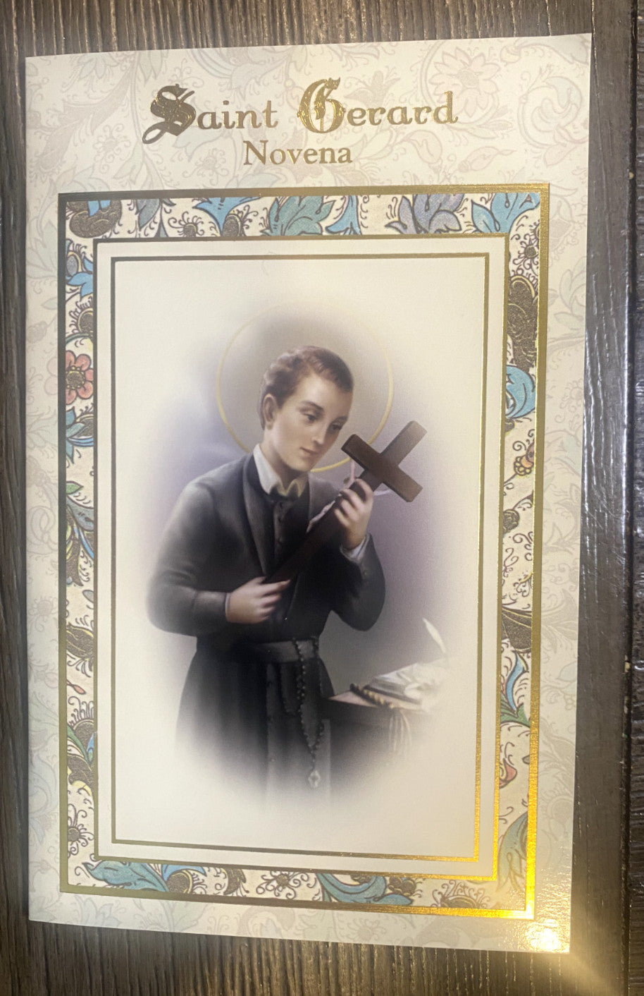 Saint Gerard Majella Novena holy card from Bob and Penny Lord, featuring religious imagery and spiritual design.