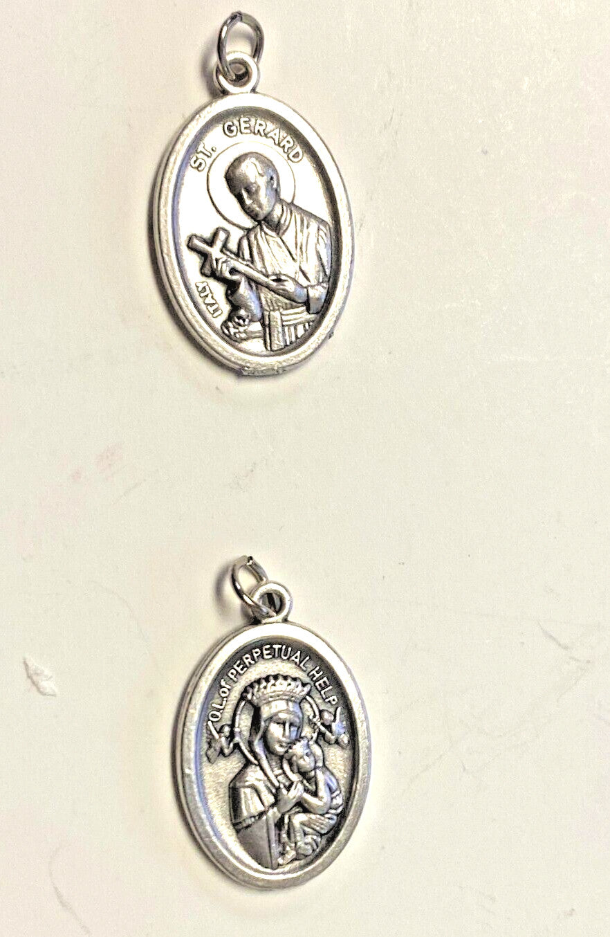 Silver tone Saint Gerard Majella and Our Lady of Perpetual Help medal from Bob and Penny Lord, featuring religious imagery and detailed design.