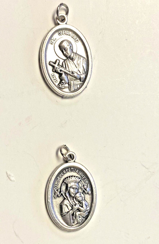 Silver tone Saint Gerard Majella and Our Lady of Perpetual Help medal from Bob and Penny Lord, featuring religious imagery and detailed design.