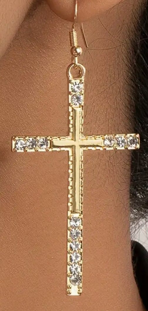 Gold 2.90-inch dangle cross zirconia earrings featuring sparkling stones and a stylish design, ideal for fashion jewelry.