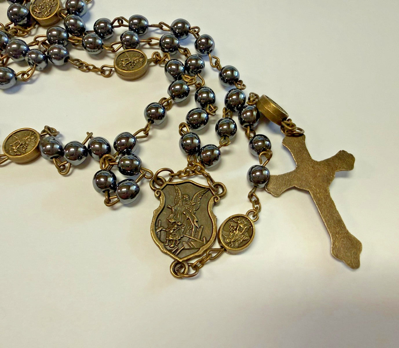 Saint Michael Natural Black Stone Rosary, New #Gftshp-238