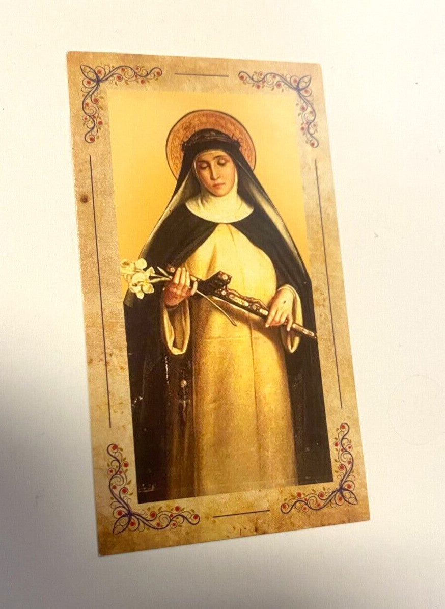 Small 3.75-inch Saint Catherine of Siena statue with prayer card, collectible Christian religious figure by Bob and Penny Lord.