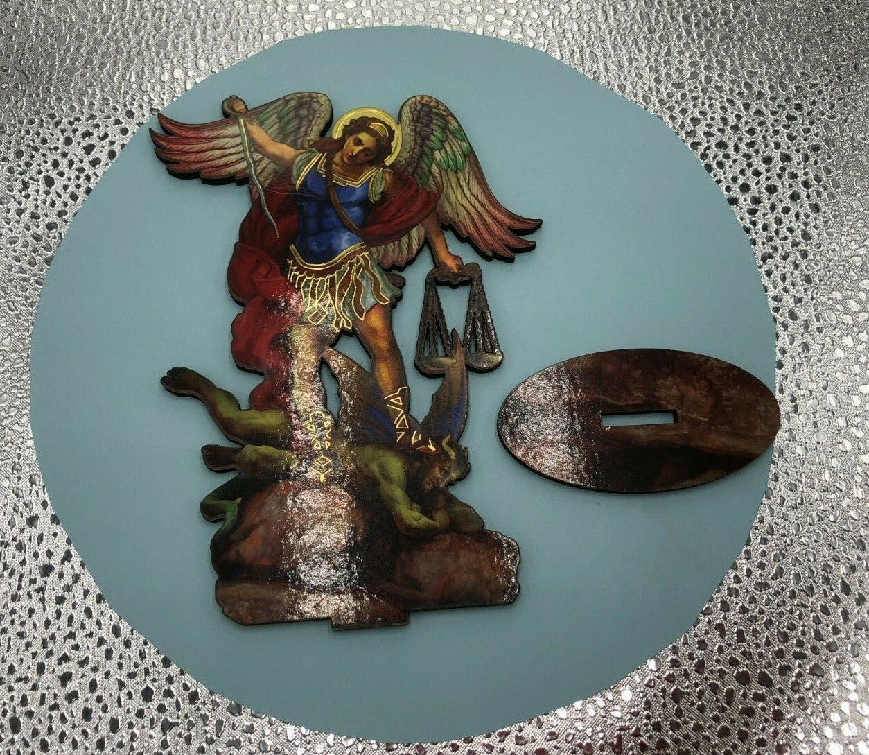 Saint Michael The Archangel 6" Laser Image on Thin Wood Statue, New #93