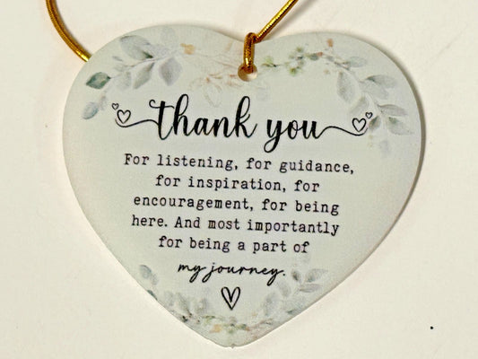 Heart-shaped thank you gratitude wood ornament by Journeys of Faith, measuring 2 x 2.25 inches, with engraved message.