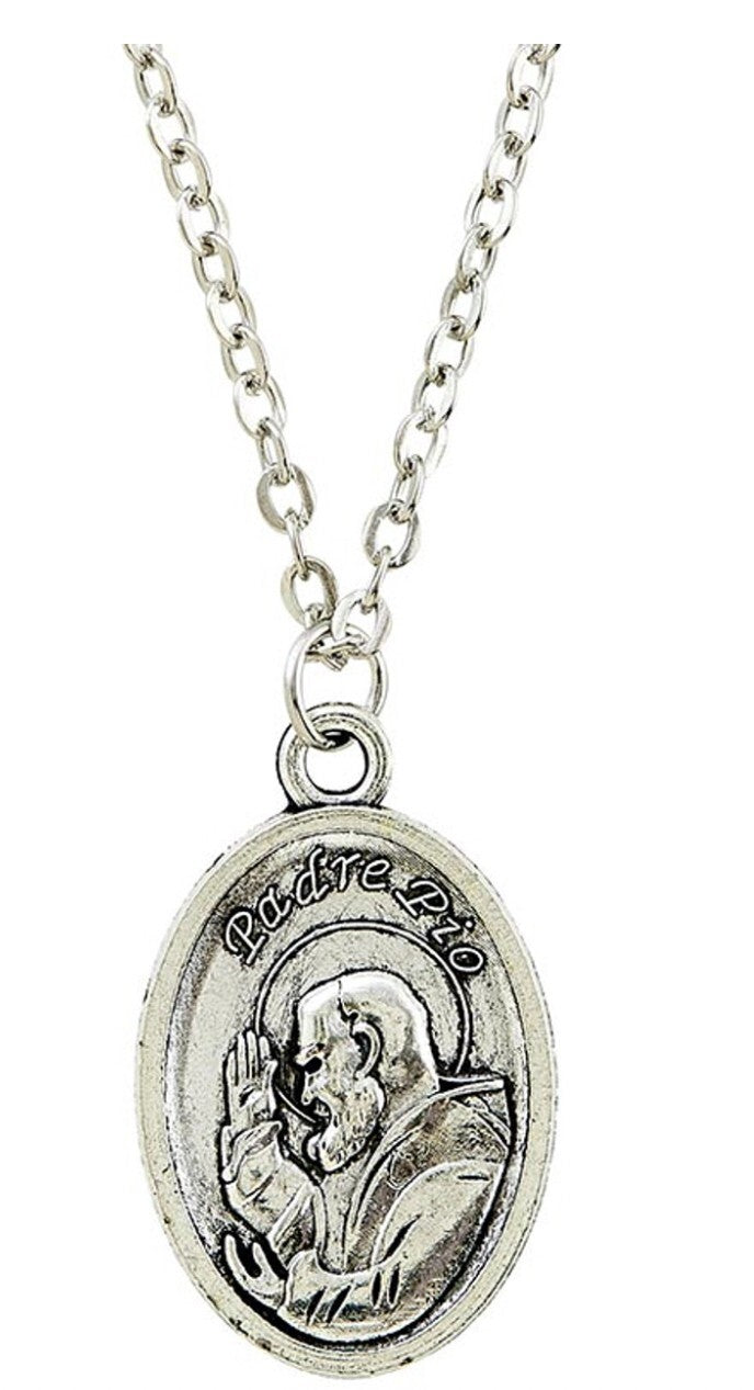 Padre Pio prayer card with medal and 20-inch chain, religious Christian collectible from Bob and Penny Lord.