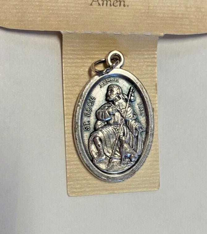 Saint Roch ( Patron of Plagues) Prayer Card + Medal, New #PCM-027