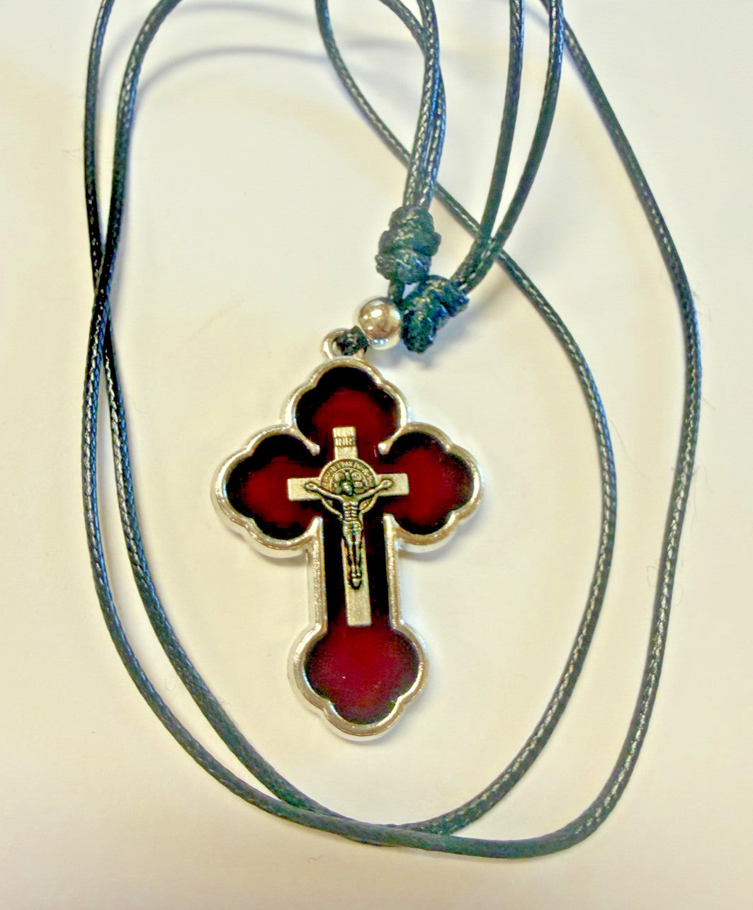 Saint Benedict Dark Red Budded Crucifix Cord Necklace, New  #Gftshp-153 - Journeys of Faith