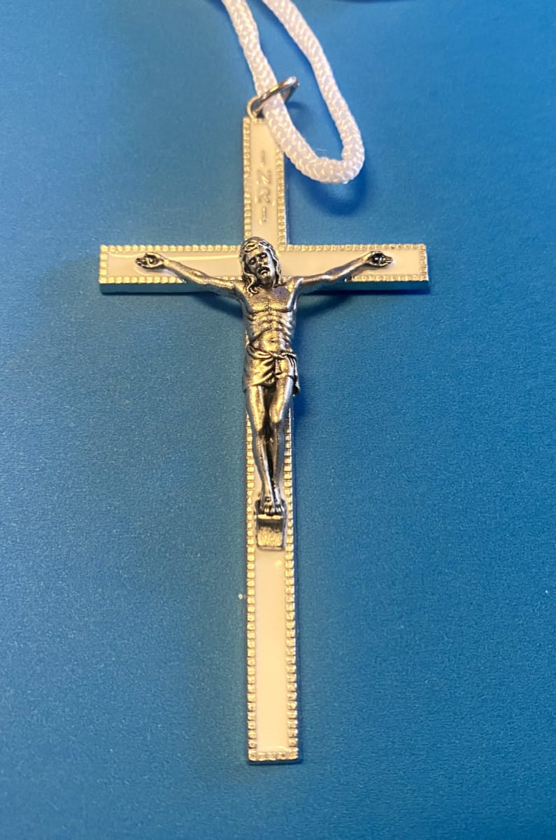 White enamel crucifix pendant with white cord, 3.5 inches tall, featuring a 1.5-inch cross, from Journeys of Faith.