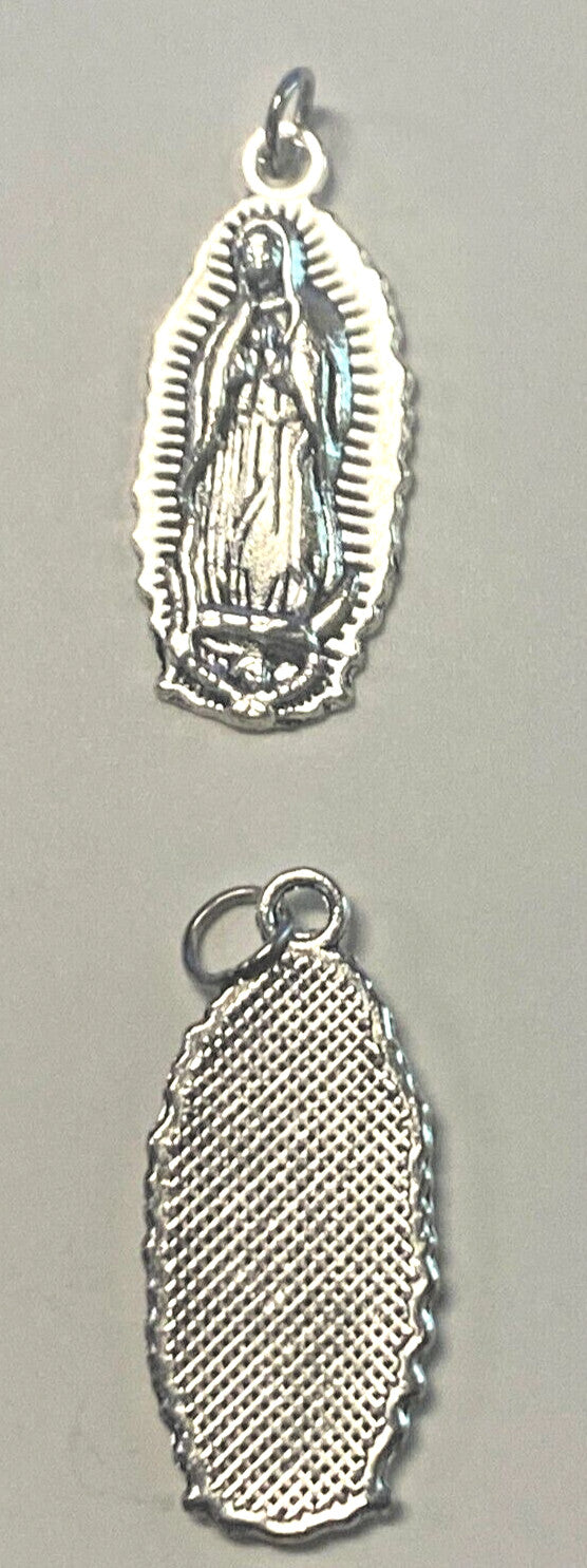 Silver plated Our Lady of Guadalupe medal, 1 inch size, Christian religious collectible with detailed religious imagery.