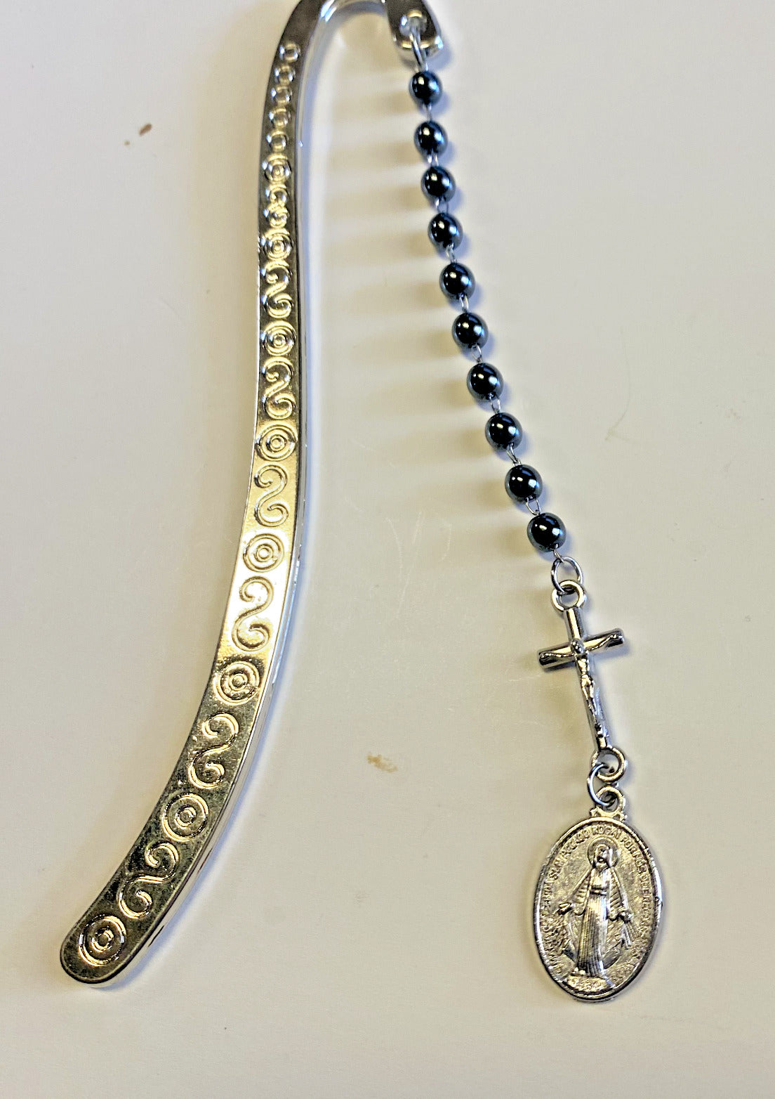 1 Decade Hematite Rosary Bookmark +O.L.of Miraculous Medal Charm, New # Gftshp