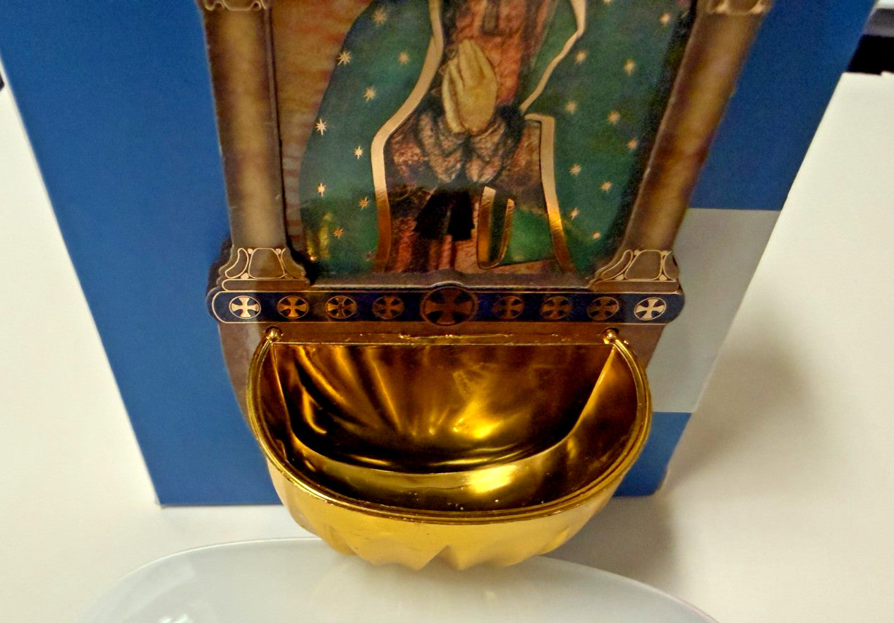 Our Lady of Guadalupe Laser Wood Holy Water  5" Font, New #Gftshp-193