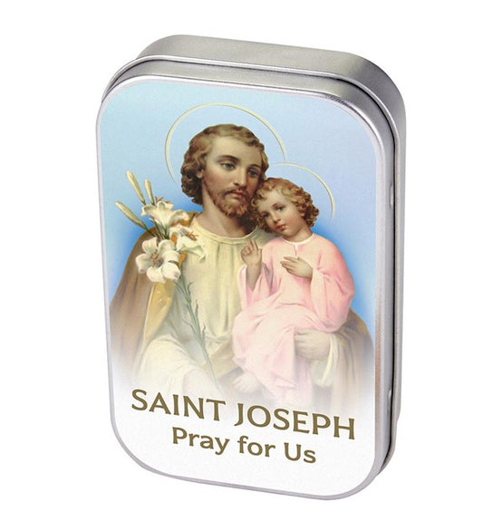 Saint Joseph prayer tin box by Bob and Penny Lord, featuring religious Christian imagery, used for rosary storage and collectibles.