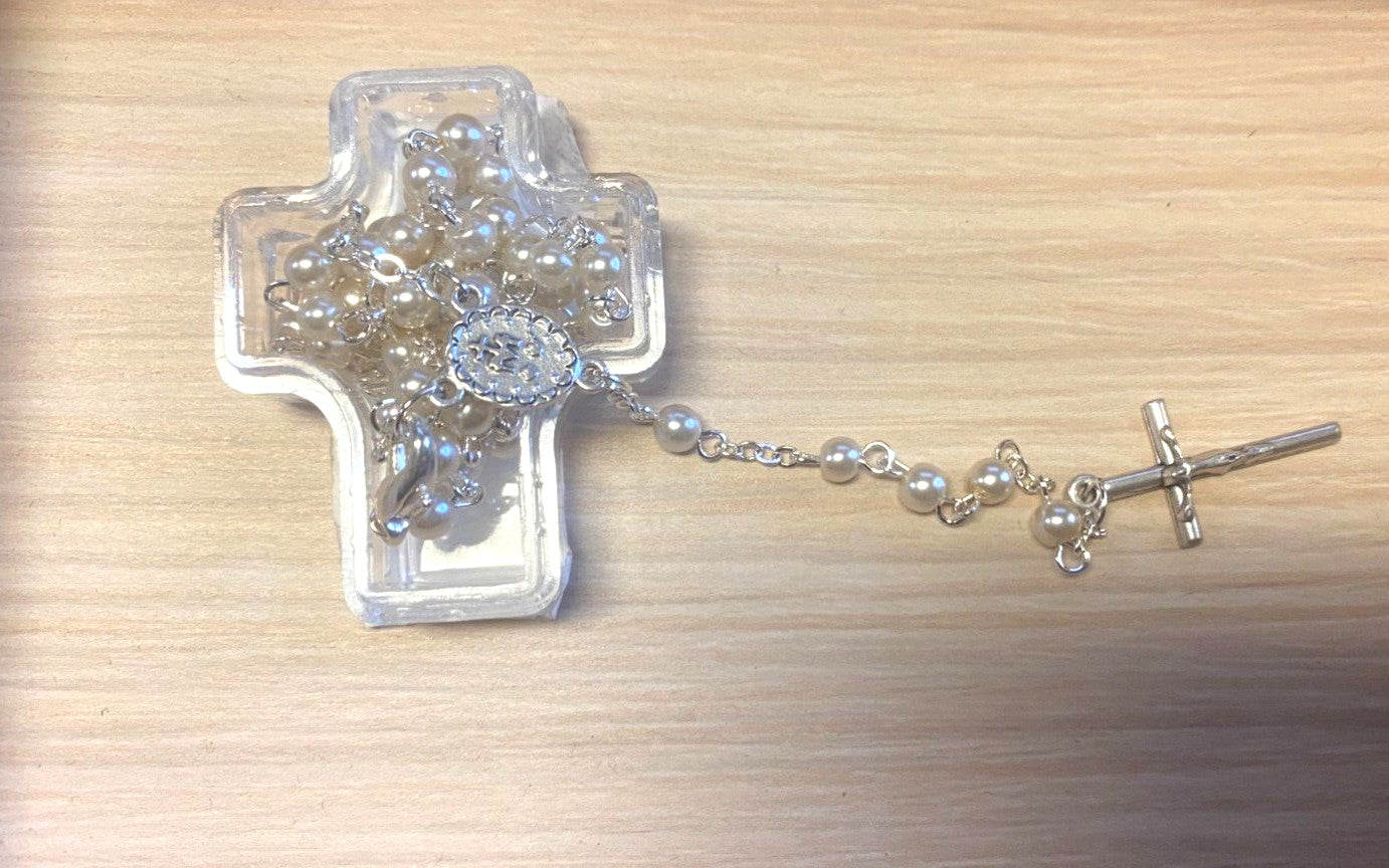 White Faux Pearl  Rosary 15" L , Necklace New from Jerusalem - Journeys of Faith