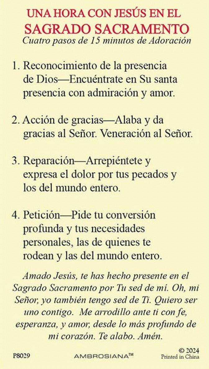 Laminated Holy Card featuring Jesus in the Holy Sacrament, part of the "Una Hora con Jesús" collection by Bob and Penny Lord Journeys of Faith.
