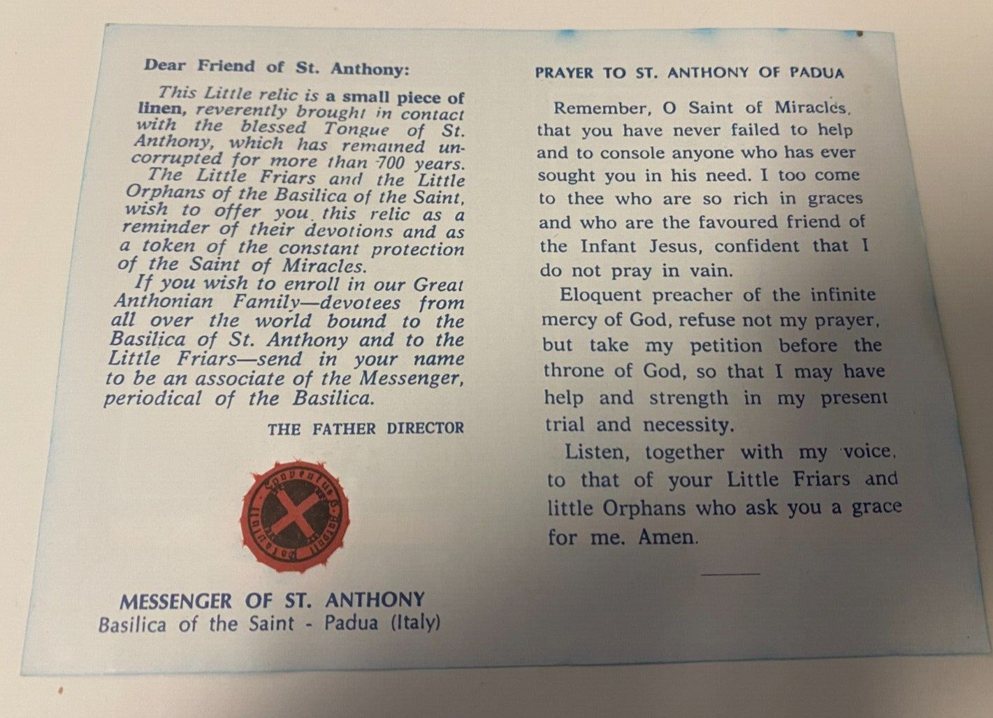 Saint Anthony 3rd Class Relic prayer card folder from Italy, religious Christian Holy Card collectible by Bob and Penny Lord.