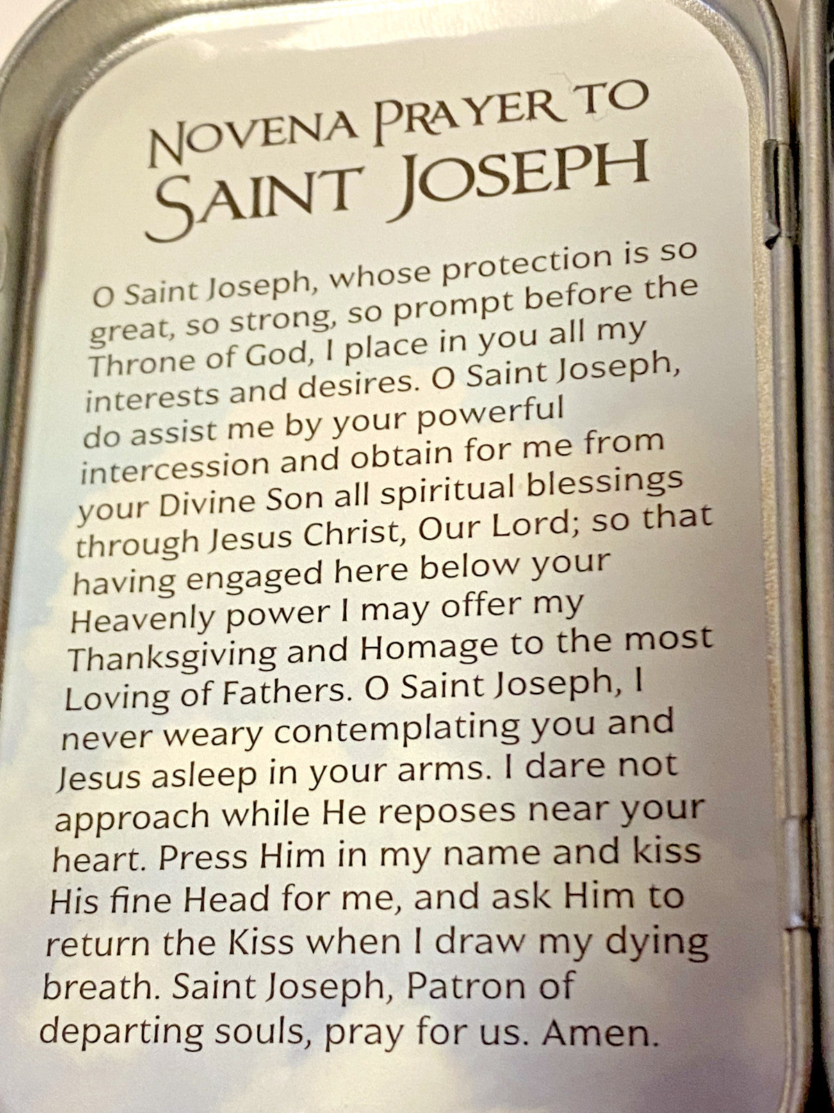 Saint Joseph prayer tin box by Bob and Penny Lord, featuring religious Christian spirituality collectibles with detailed design.