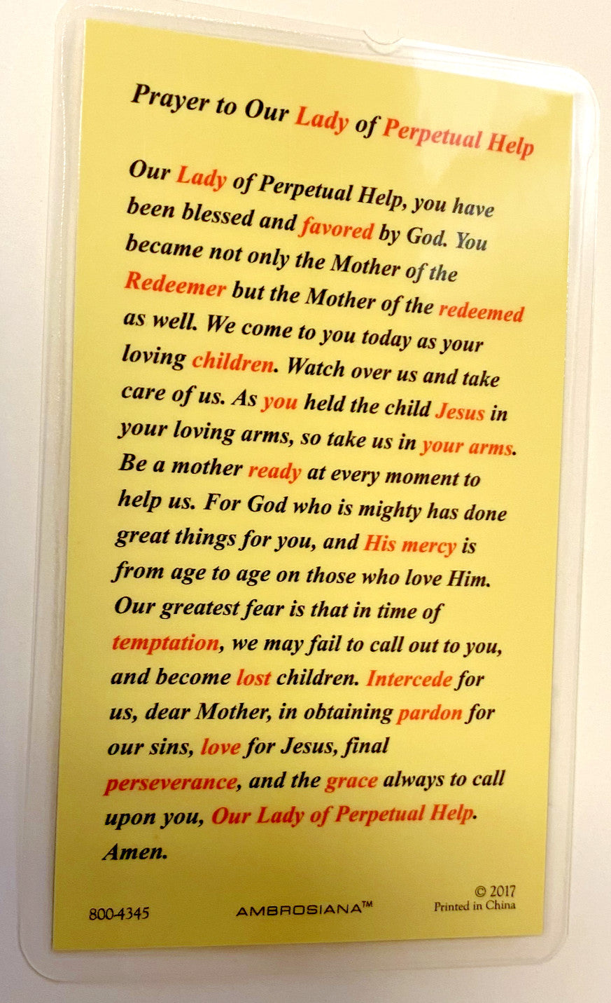 Our Lady of Perpetual Help, Laminated Prayer Card, New #PCL-20