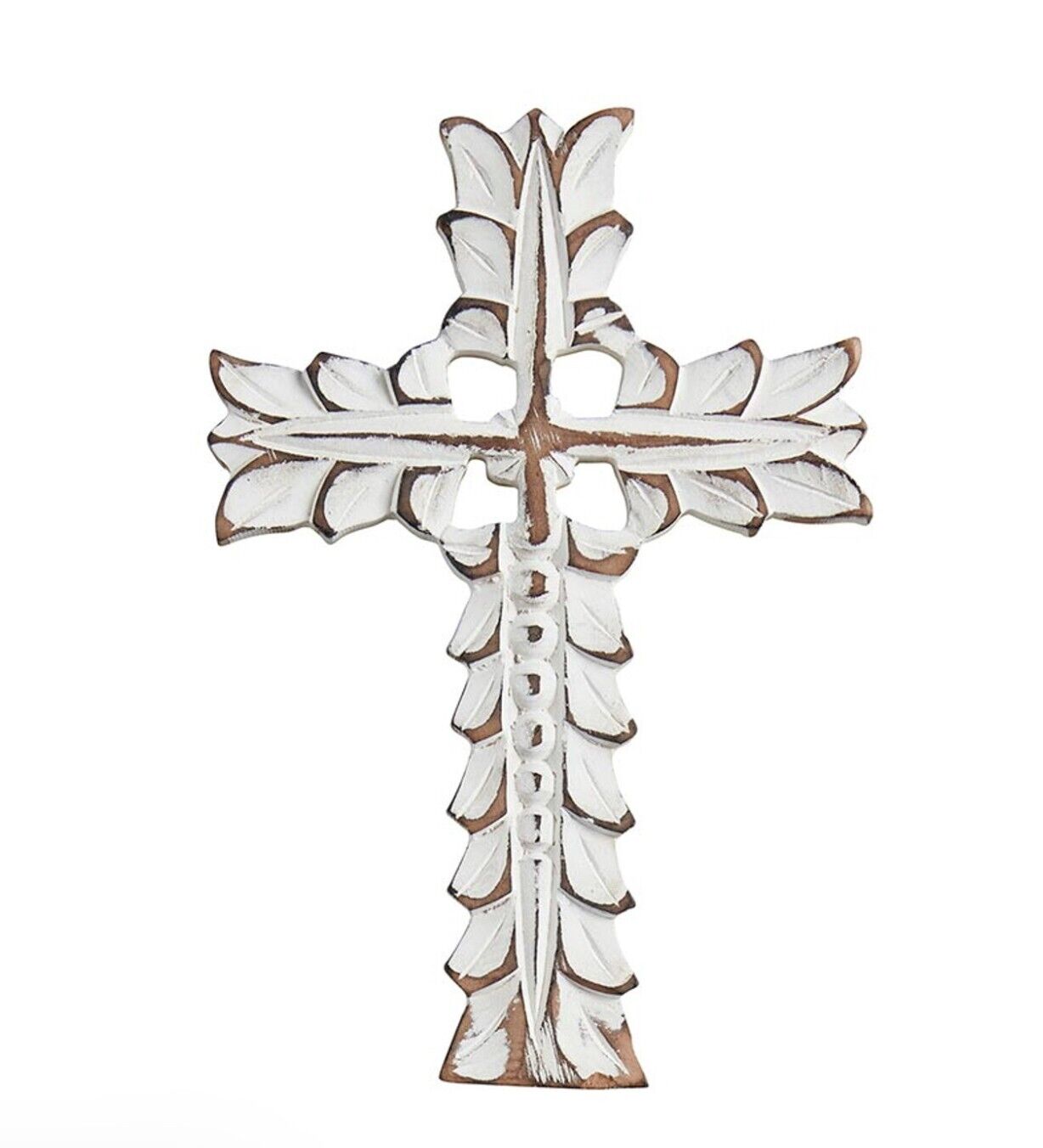 Ornate Carved Wood Whitewash Cross, New #AB-242