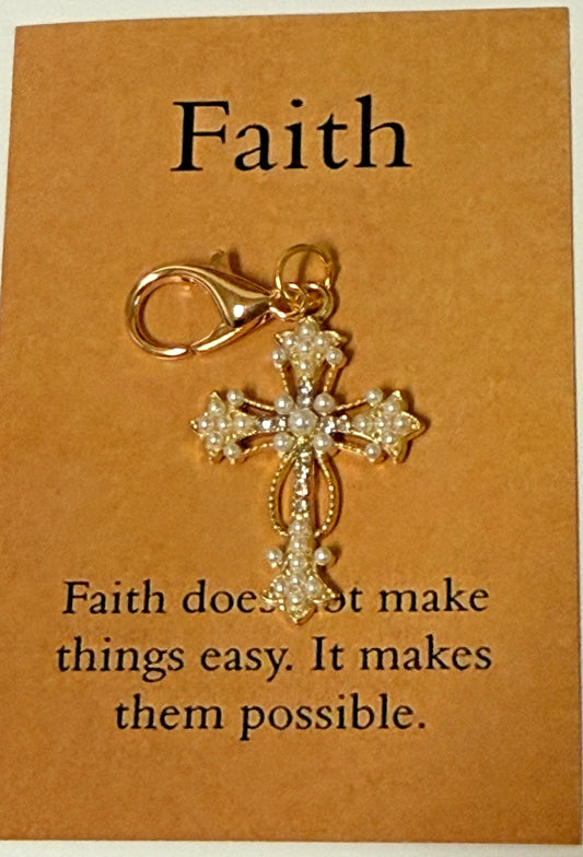 Imitation Pearl + Crystal Cross Devotional Clip, New #Gftshp-136 - Journeys of Faith