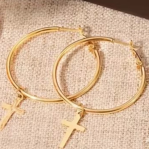 Cross  2.2" Dangle Hoop Gold tone Earrings, New #Gftshp-210 - Journeys of Faith