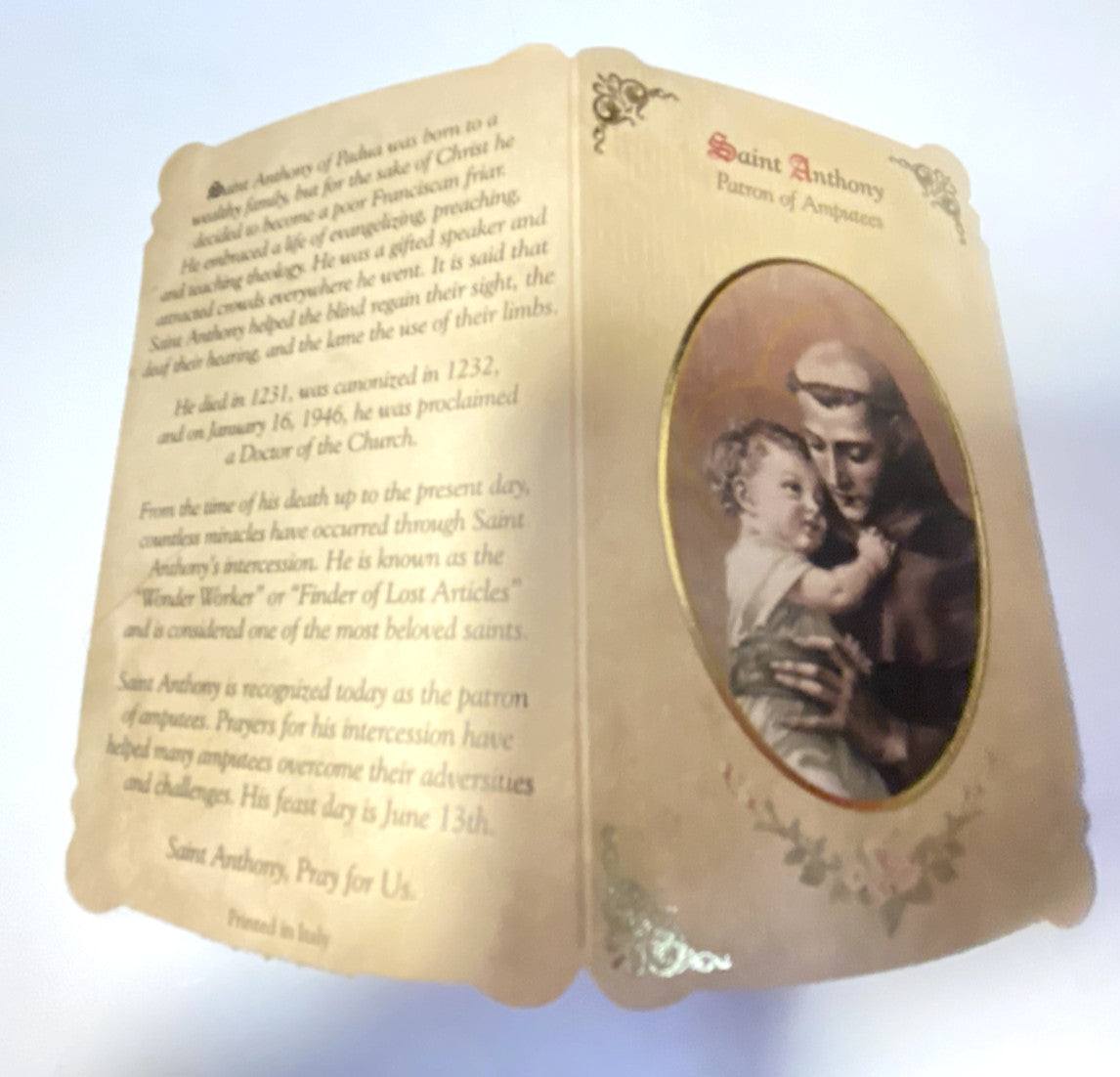 Saint Anthony/ Patron of Amputees, Prayer Card + Medal, New from Italy #PCM-04 - Journeys of Faith