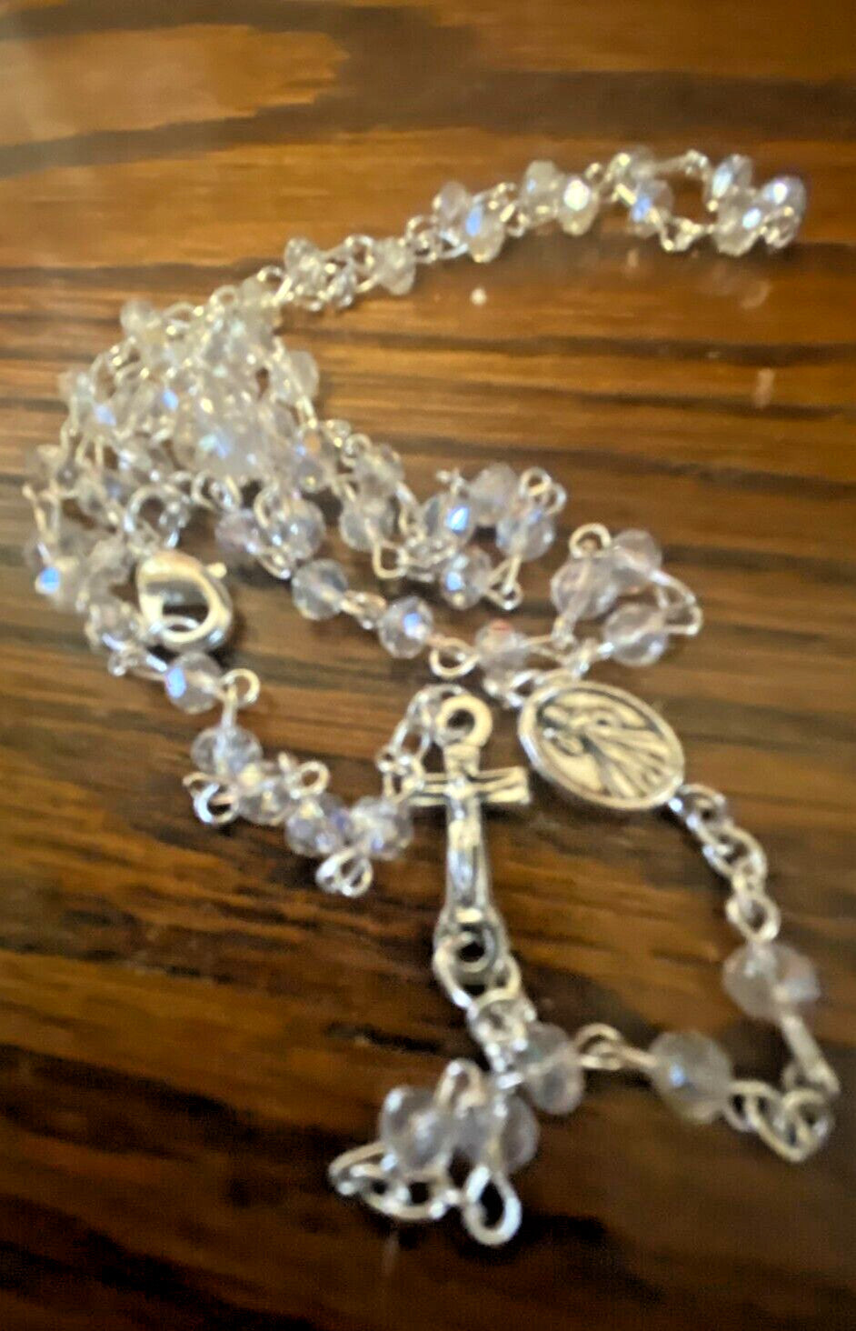 Divine Mercy clear glass beads rosary necklace with silver medal, Christian religious jewelry by Bob and Penny Lord